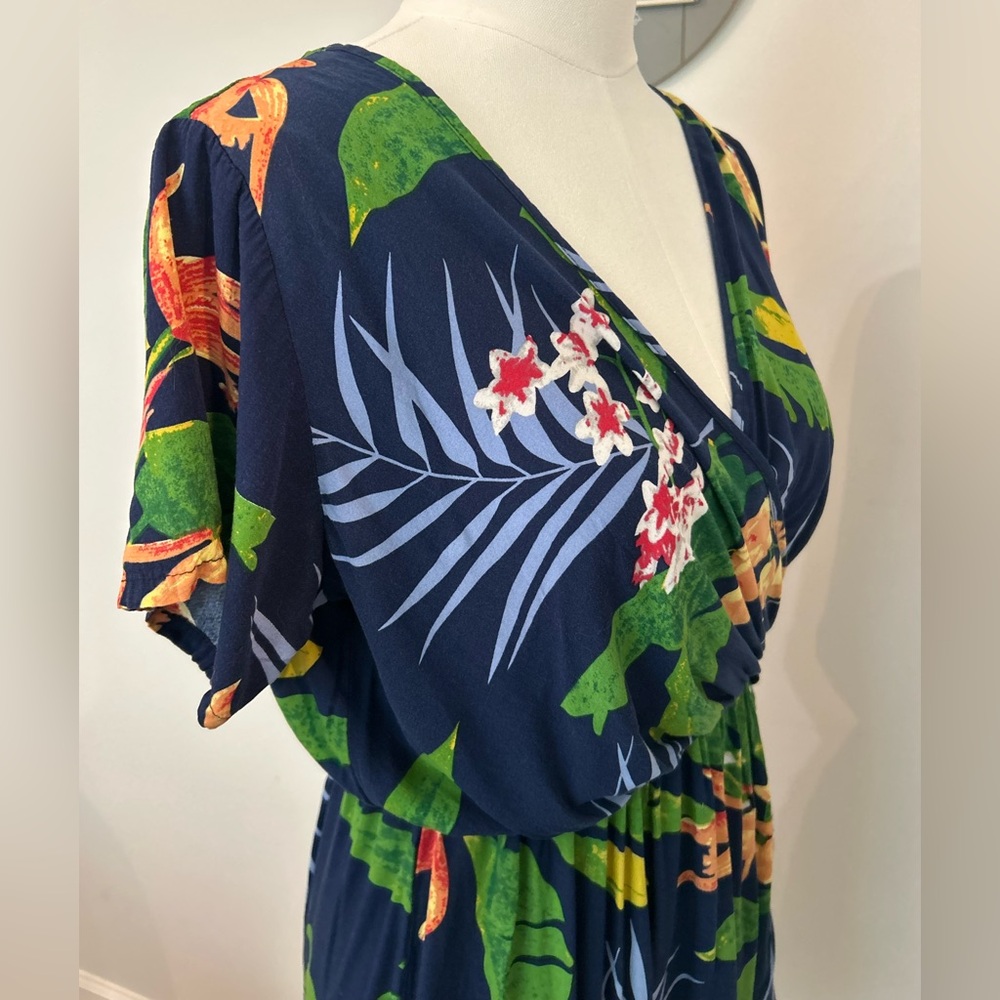 Floral Mini Dress Faux-Wrap Tropical Pattern Crossover Chest Short Sleeve Size M - Picture 3 of 9